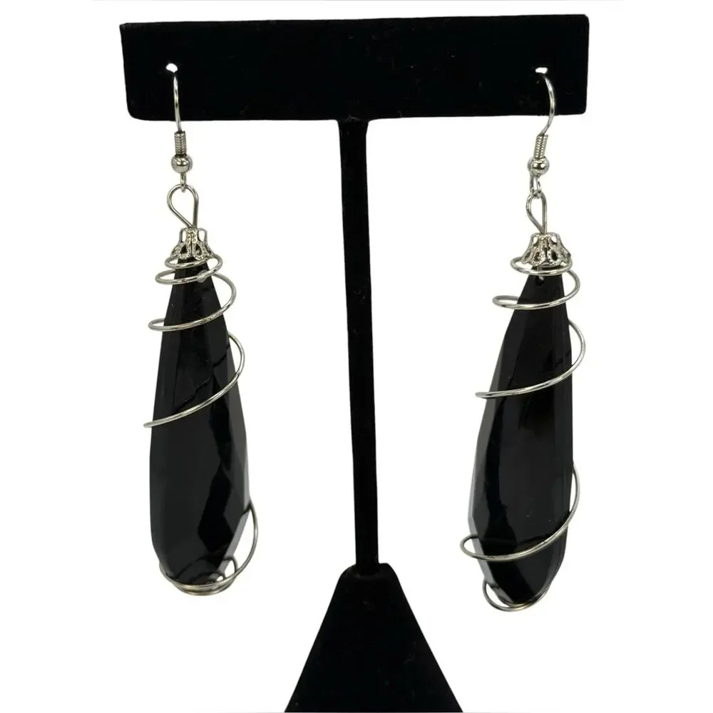 Black Teardrop Spiral Wire Earrings